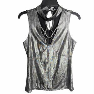 Lily Black O-ring Strappy Choker Cage Neck Metallic Silver Sleeveless Top M